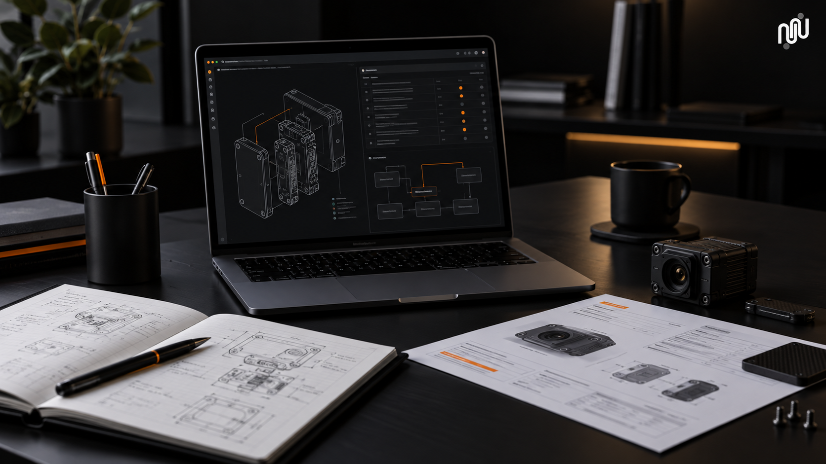 Technischer Arbeitsplatz mit digitalem Systementwurf, Dark-Mode-Version