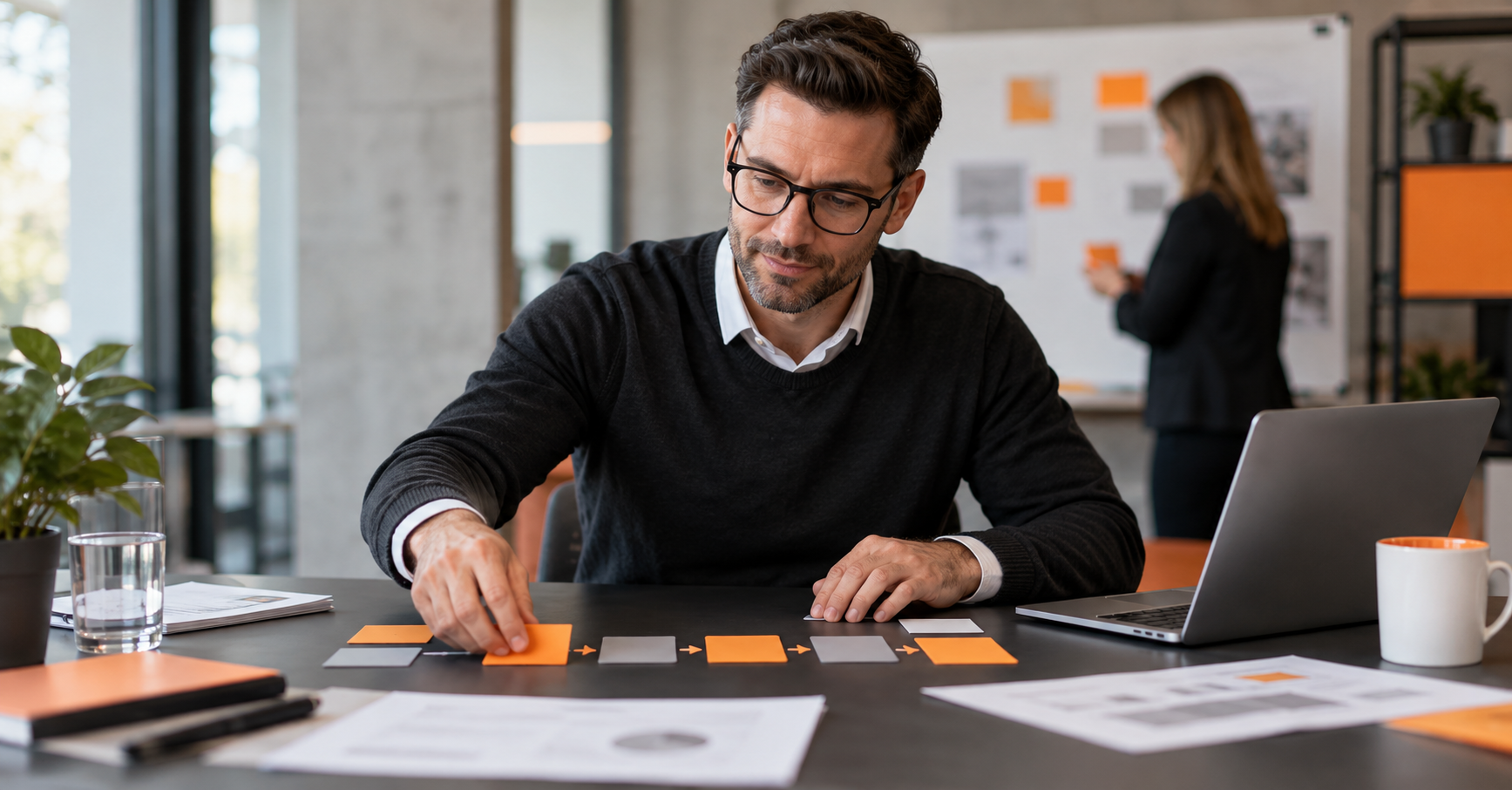 Geschäftsprozess mit orangefarbenen und grauen Karten strukturieren, Dark-Mode-Version